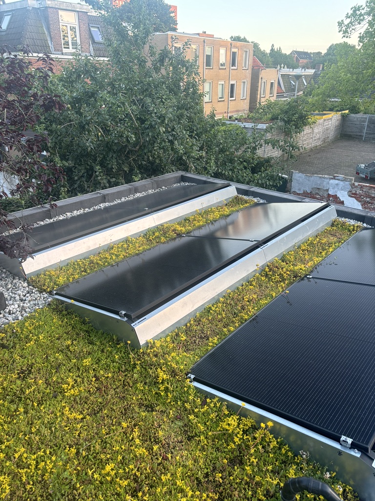 Zonnepanelen op sedumdak in Noord-Nederland, aangesloten door Wattwies