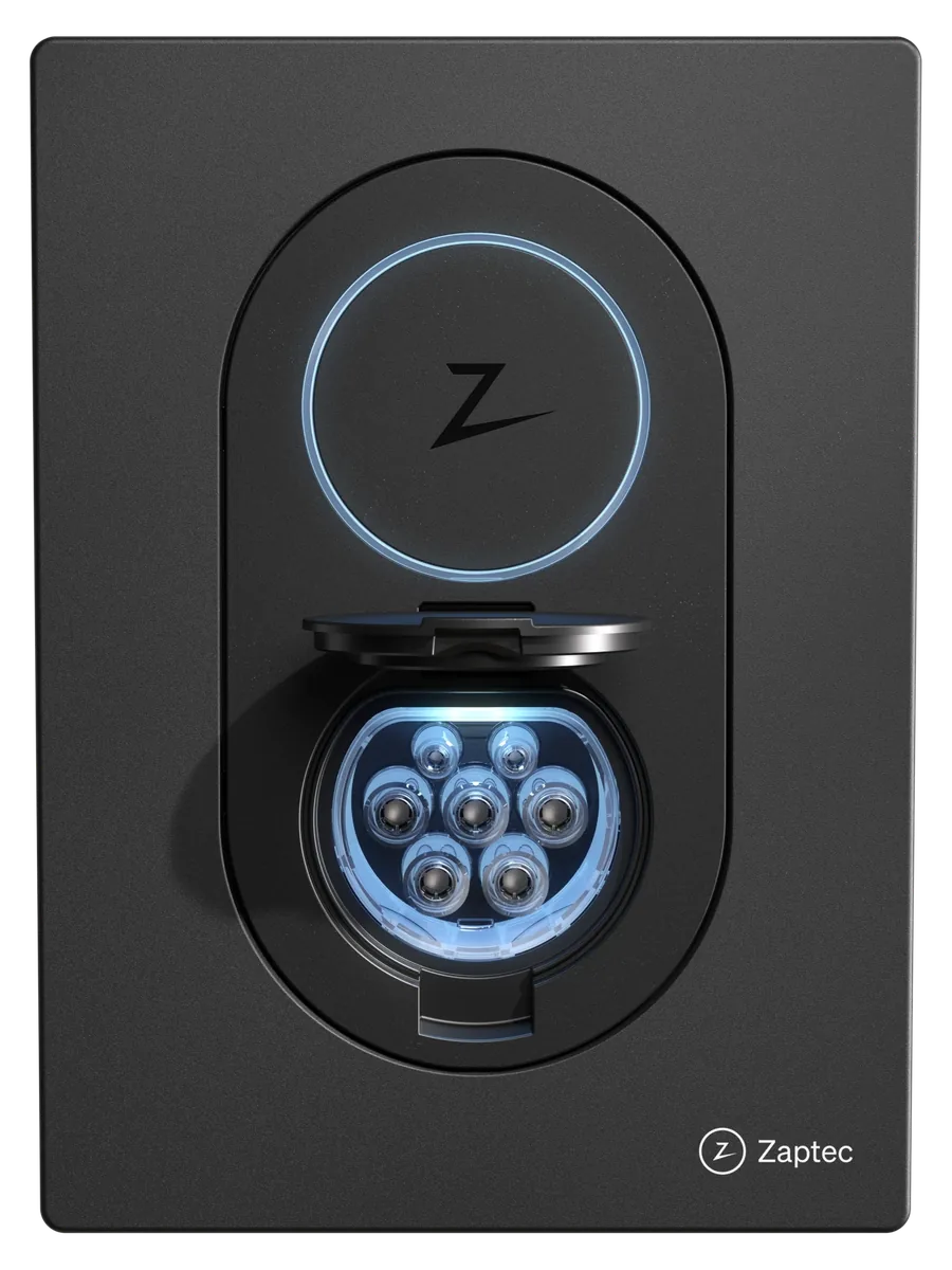 Voorkant van de Zaptec Go 2 laadpaal met LED-ring en geïntegreerde Type 2-socket